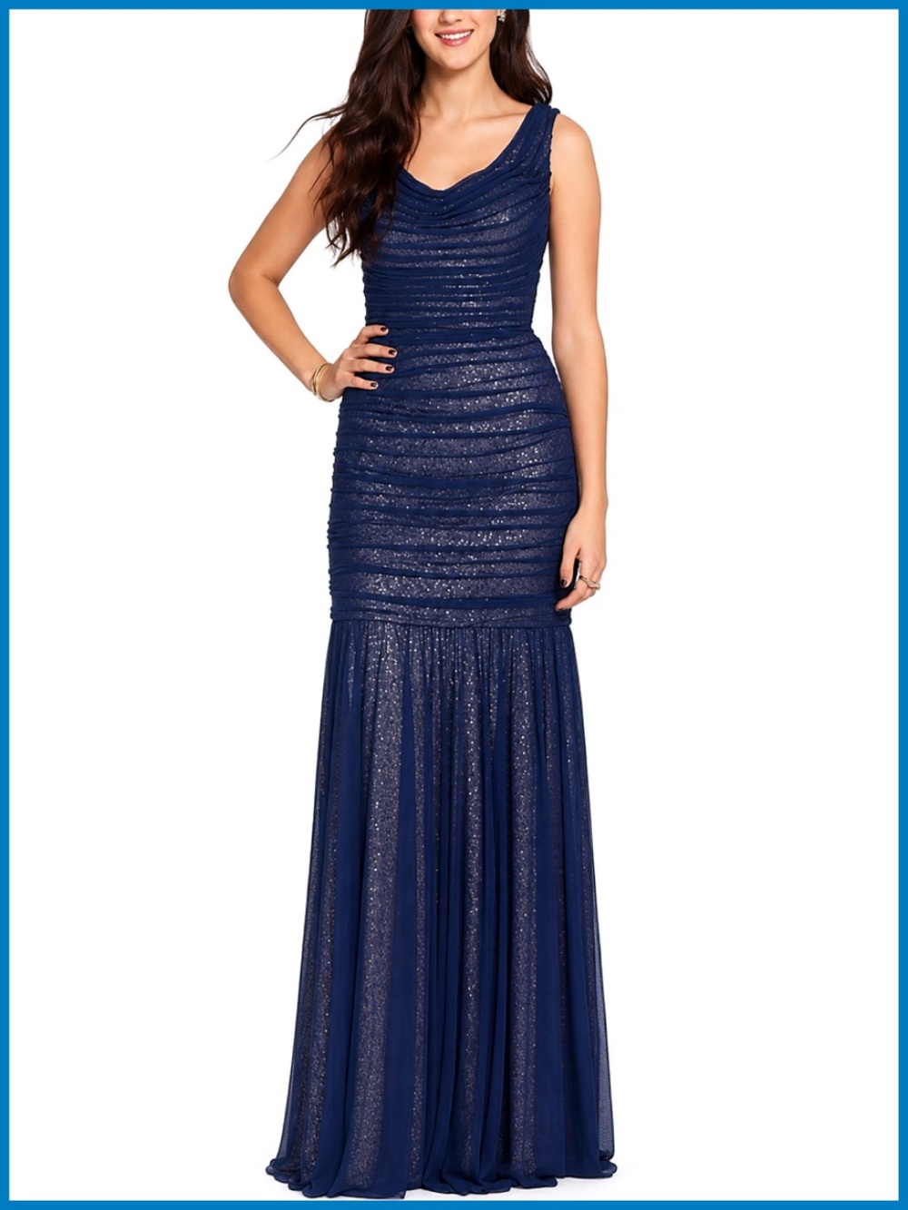 La Femme Navy Blue & Gold Sleeveless Sequin Gown